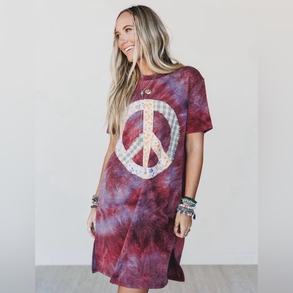 Tie-Dye Peace Sign Tee Dress - Burgundy/Purple